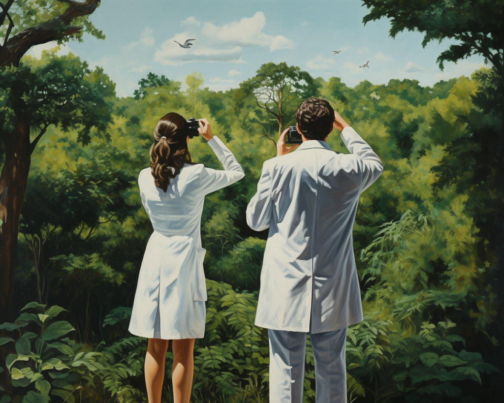 Eine Frau und ein Mann in weißen Kitteln stehen mit dem Rücken zum Betrachter in der Natur und schauen in die Ferne