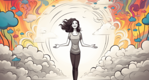 Illustration einer befreitet, selbstbewussten Frau in einer farbenfrohen Landschaft über dichten Wolken