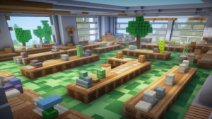 Minecraft screenshot of a learning environment that looks like a minecraft world and inspires and motivates learners