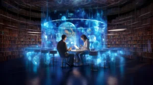 Die Zukunft der Bildung: Zwei Personen interagieren mit KI-gestützten holographischen Daten in einer futuristischen Bibliothek, symbolisch für die Verbindung von traditionellem Wissen und fortschrittlicher Technologie.(generiert mit Midjourney AI)