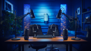 Podcast Studio mit Mikrofon und Soundmixer, blauer Hintergund