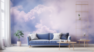 Sofa vor Wand mit lila Wolken