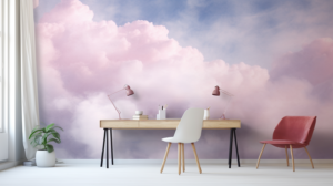 Schreibtisch vor Wand mit rosa Wolken