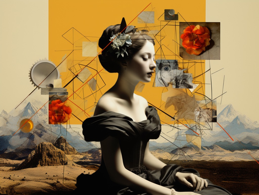 digitale Collage, die verschiedene Elemente traditioneller und moderner Kunststile enthält und die Überschneidung von Vergangenheit und Gegenwart erforscht, erstellt mit Midjourney
