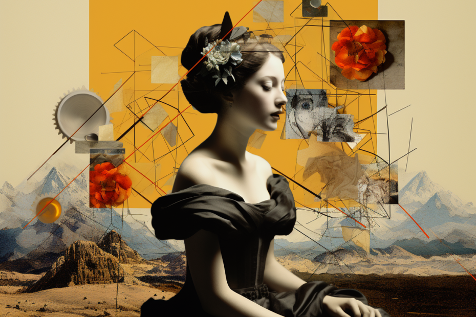 digitale Collage, die verschiedene Elemente traditioneller und moderner Kunststile enthält und die Überschneidung von Vergangenheit und Gegenwart erforscht, erstellt mit Midjourney