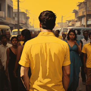 Mann von hinten, trägt ein gelbes Shirt, steht in einer belebten Straße