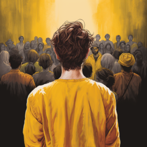 Mann von hinten, trägt ein gelbes Shirt, vor ihm stehen ebenfalls viele Menschen mit dem Rücken zum Betrachter