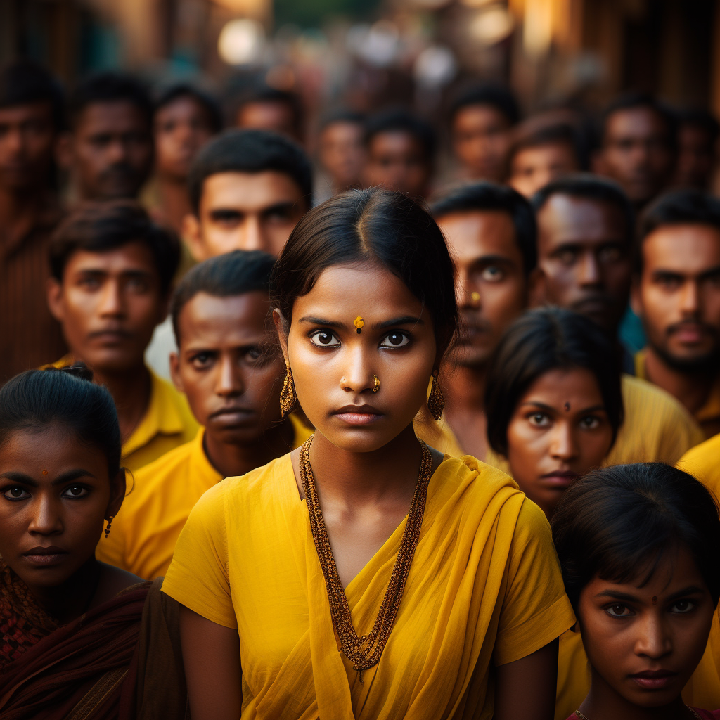 junge Inderin, trägt ein gelbes Oberteil, steht in einer Gruppe mit vielen anderen Menschen