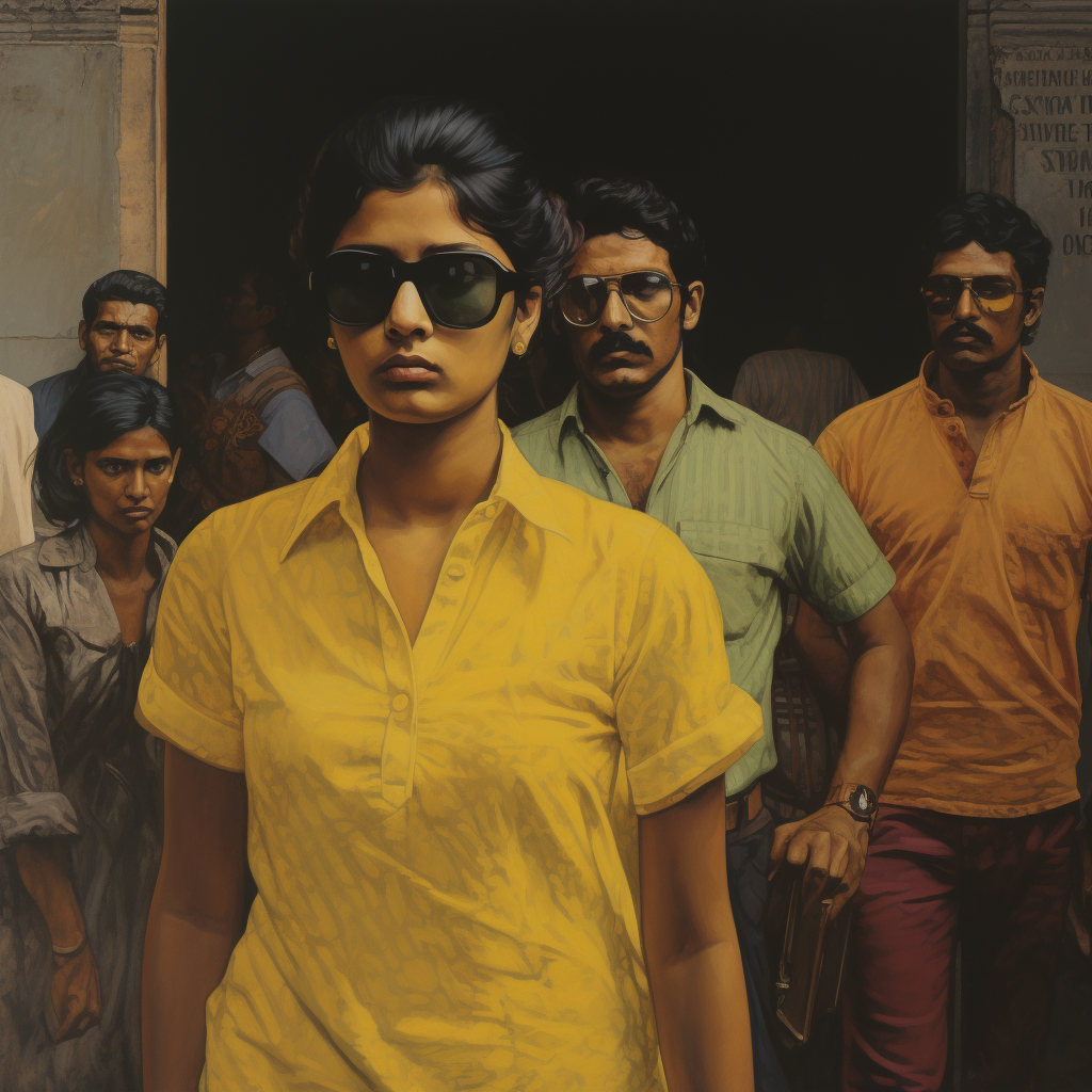 Frau mit Sonnenbrille, trägt ein gelbes Shirt, in einer belebten Straße