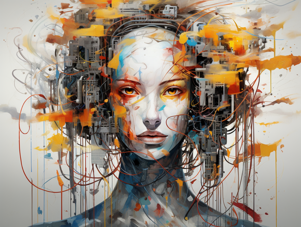 Futuristische Darstellung eines Frauenporträts, dessen Gesicht und Kopf mit komplexen technologischen Bauteilen, Schaltkreisen und Kabeln verschmelzen, umgeben von dynamischen Farbspritzern in Orange, Blau und Grau.