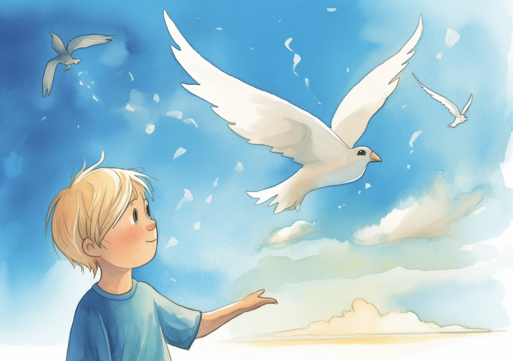 Ein junger Junge mit blonden Haaren schaut erstaunt nach oben, während er Tauben beobachtet, die frei am hellblauen Himmel fliegen, umgeben von sanften Wolken.