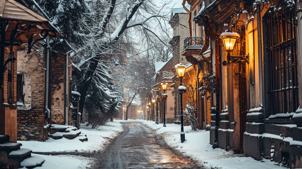 Historische Altstadt im Winter mit schneebedeckten Straßen und warmen Straßenlaternen als virtueller Hintergrund für Videokonferenzen