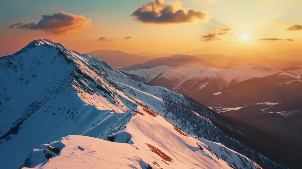 Verschneite Berglandschaft bei Sonnenuntergang, warme Farben als virtueller Hintergrund für Videokonferenzen, weiche Beleuchtung 