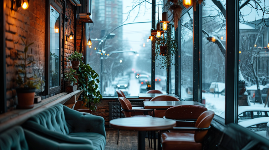 Stilvolles Café mit Blick auf eine verschneite Stadtlandschaft, gemütliches Ambiente als virtueller Hintergrund für Videokonferenzen