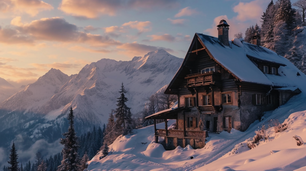 Traditionelles Chalet in den Alpen mit schneebedeckten Dächern, Dämmerungsszene als virtueller Hintergrund für Videokonferenzen
