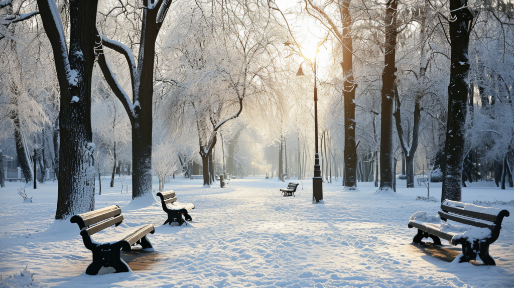 Städtischer Winterpark mit schneebedeckten Bäumen und Bänken, frühmorgens als virtueller Hintergrund für Videokonferenzen