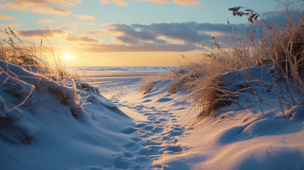 Winterliche Strandpromenade mit vereisten Dünen und einem sanften Sonnenuntergang als virtueller Hintergrund für Videokonferenzen, ruhige Atmosphäre