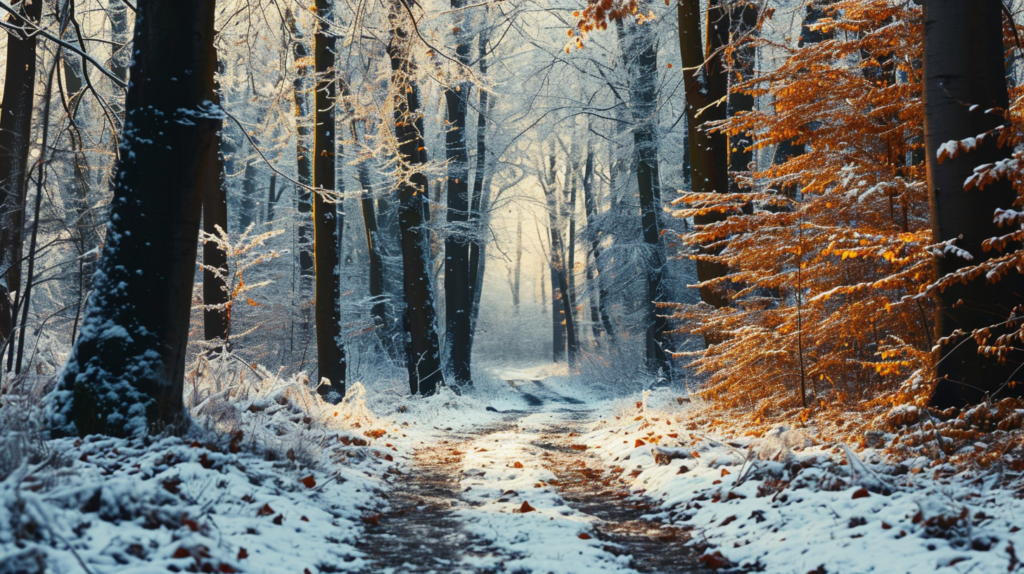 Winterlicher Waldweg umgeben von Schnee und Frost als virtueller Hintergrund für Videokonferenzen