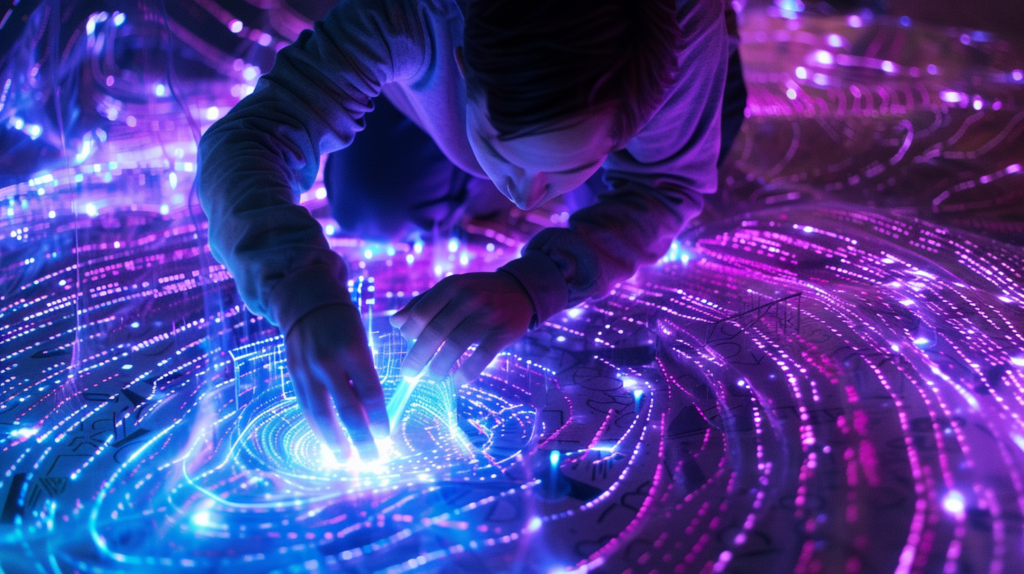 Ein Künstler berührt konzentriert einen Strudel aus leuchtenden Codes und Texten, die eine dreidimensionale Labyrinthlandschaft bilden. 
