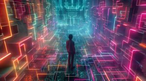 Eine Person steht am Eingang eines leuchtenden, neonfarbenen Labyrinths, das sich in die Ferne erstreckt, ein Sinnbild für die Reise durch Kreativität und Innovation.