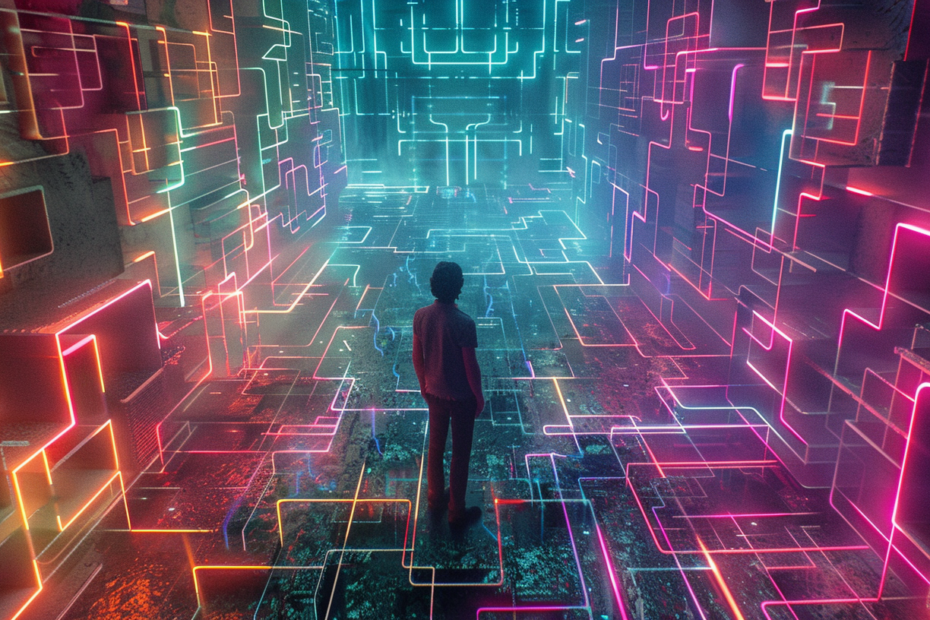 Eine Person steht am Eingang eines leuchtenden, neonfarbenen Labyrinths, das sich in die Ferne erstreckt, ein Sinnbild für die Reise durch Kreativität und Innovation.