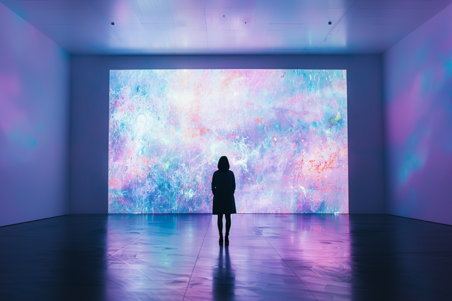 Eine Person steht vor einer atemberaubenden digitalen Leinwand, auf der ein komplexes, farbenfrohes Muster zu sehen ist – ein Sinnbild für die Reise durch personalisierte Kunst und KI.