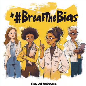 illustration von mehreren Frauen in unterschiedlicher berufskleidung vor gelben Hintergrund, darüber der Schriftzug #BreakTheBias