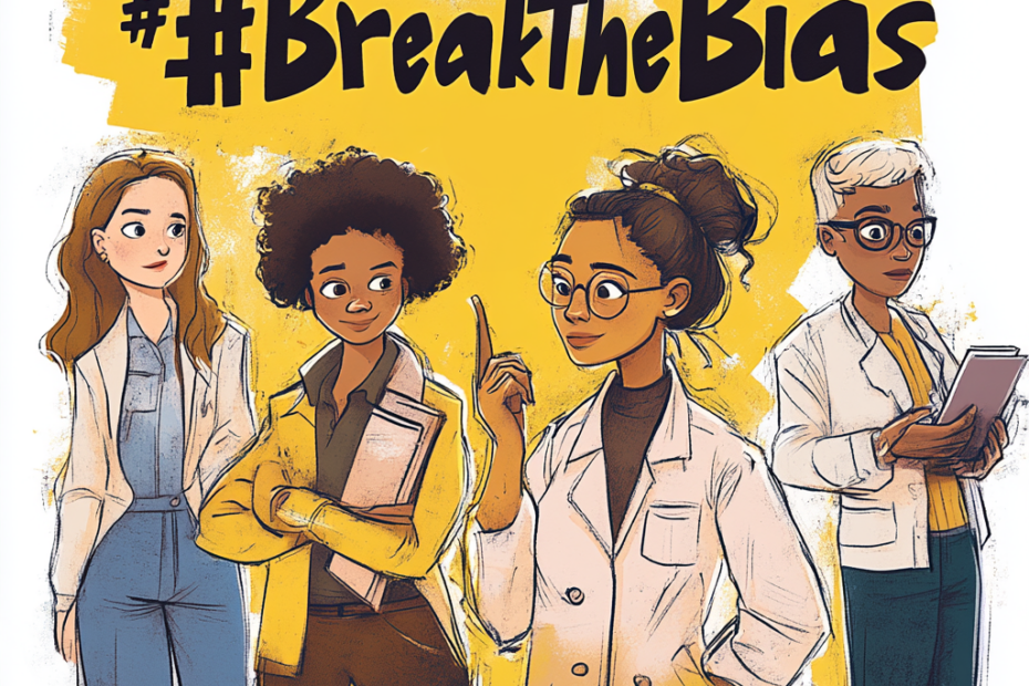 illustration von mehreren Frauen in unterschiedlicher berufskleidung vor gelben Hintergrund, darüber der Schriftzug #BreakTheBias