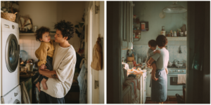 Zwei KI-generierte Bilder im Vergleich: Ein Mann hält ein Kleinkind in einer unordentlichen Küche; eine Frau trägt ein Kind auf dem Arm in einer ebenfalls sehr chaotischen, vollgestellten Küche.