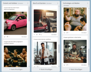 Screenshot einer digitalen Pinnwand mit Kategorien wie Freizeit, Beruf und Technologie. Gezeigt werden KI-generierte Bilder, die Klischees brechen oder überspitzen, wie eine Frau am Motorblock oder ein Mann beim Pediküre-Abend.
